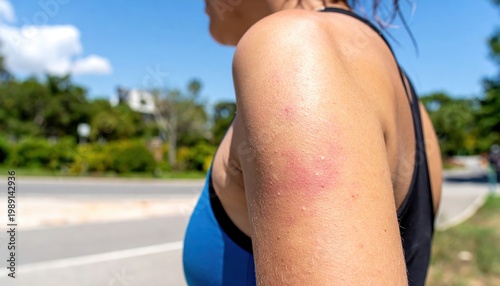 Heat Stroke Close-up of runner's sweaty arm outdoors on a sunny day.