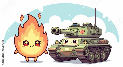 Cute cartoon illustration of smiling fireball and tank with heart