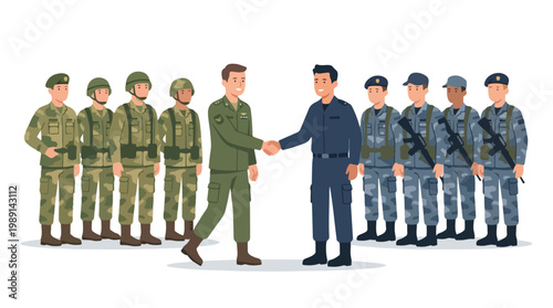 vector of different army troops making peace, carrying out a ceasefire 22