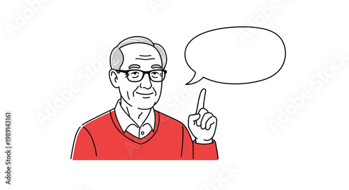 Kind senior man in a red sweater pointing his finger up with an empty speech bubble for helpful tips or expert advice.