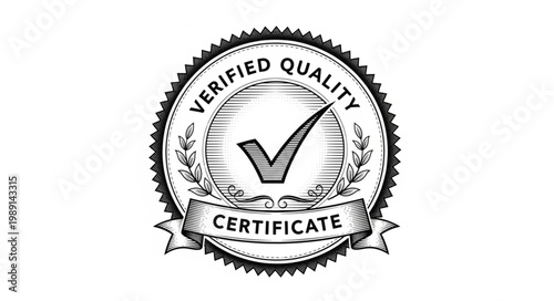 Verified Quality Certificate Seal Stamp with Check Mark.