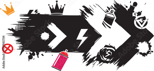 Urban Graffiti Street Art Elements with Crown Spray Can Lightning Bolt and Arrows Vector Set