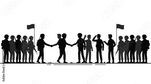 silhouette illustration vector of different army troops making peace, carrying out a ceasefire 30