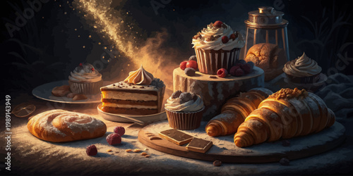 Fotografi A beautifully arranged assortment of sweet baked goods on a wooden table in a da