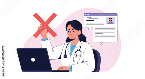 Concerned female doctor sitting at her laptop while holding up a red X sign for rejection or a critical warning message.