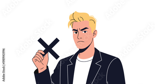 Serious man with blonde hair holding a black cross or X sign to show disapproval or rejection on a white background.