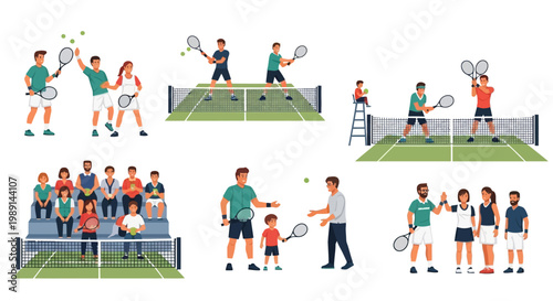 Tennis Match and Training Scenes: Diverse People Playing, Spectating, and Coaching