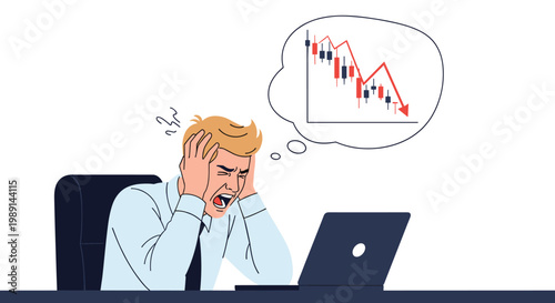 Frustrated businessman sitting at his laptop while stressing over a falling stock market candle chart in a bubble.