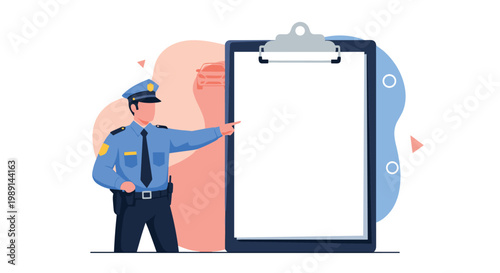 Policeman in a blue uniform pointing to a large blank clipboard for reports or rules on a colorful background.