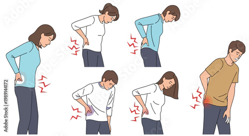 Vector graphic illustration depicting men and women experiencing common lower back pain and spinal discomfort symptoms.