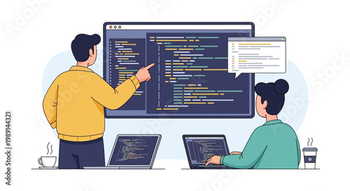 Team of programmers coding together on laptops and large screen, collaborative software development
