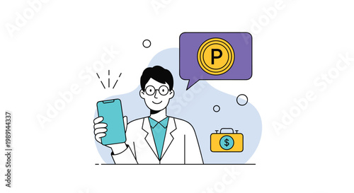 Professional male doctor in a white lab coat holds a smartphone next to symbols of digital points and money for medical services.