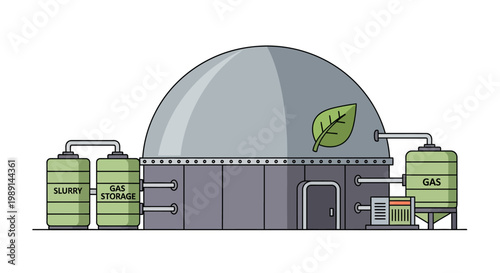 Biogas plant illustration with green gas tanks and leaf
