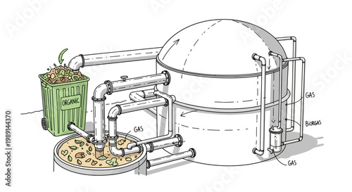 Biogas plant illustration with food waste and pipeline system