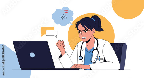 Frustrated female doctor in a white coat expresses anger while working on a laptop computer with a red stress symbol overhead.