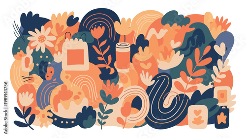 Abstract Dopamine Decor Vector Illustration with Hand-Drawn Floral Doodles and Wavy Shapes