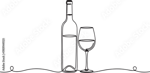 Wine bottle and glass line art illustration on white  background 
