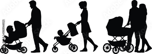 Silhouettes of parents pushing strollers with babies, representing family and parenting baby