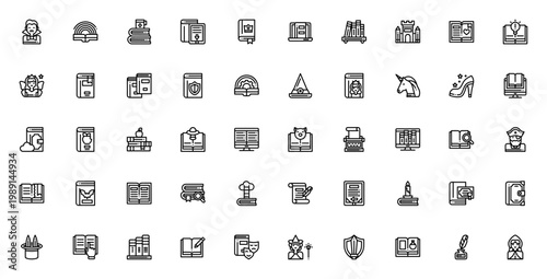 Literature icon set. Vector illustration pack featuring Dracula, castle, fairy, witch hat, unicorn, UFO, typewriter, pirate, ebook, shield, feather, Little Red Riding Hood and more.