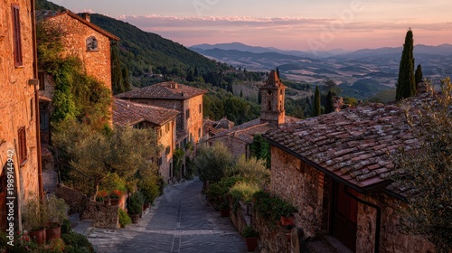 Evening light above a medieval village in Umbria, Italy at sunset