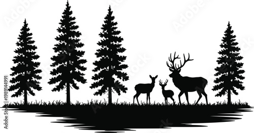 Silhouette of Deer Family and Pine Trees in a Forest Landscape on White Background stag fawn