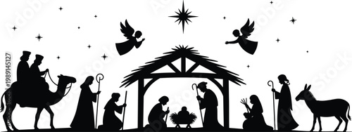 Nativity scene silhouette with wise men on camel, angels, and stable with baby Jesus Christmas
