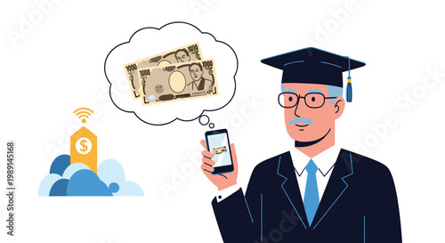 Older male graduate in a cap and gown holds a smartphone while thinking about earning money in Japanese yen after graduation.