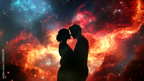 Romantic silhouette of a couple embracing against a vibrant cosmic background with stars