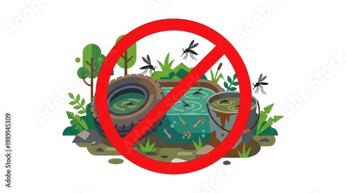 Mosquito Breeding Site with Prohibition Sign Prevention Illustration