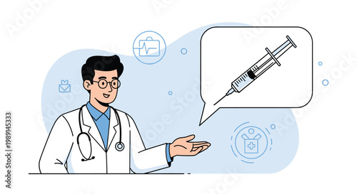 Friendly male doctor in a white coat gestures toward a speech bubble containing a syringe icon for vaccination information.