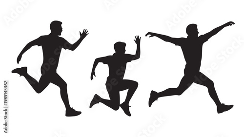 Silhouette Of Three Men Running Energetically Isolated On White For Fitness Concepts