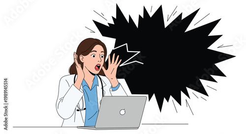 Shocked female doctor in a white lab coat looks at her laptop with a large black jagged explosion bubble behind her head.
