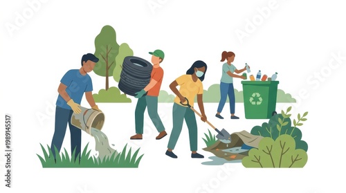 People Cleaning Up Polluted Nature Park for Environmental Health