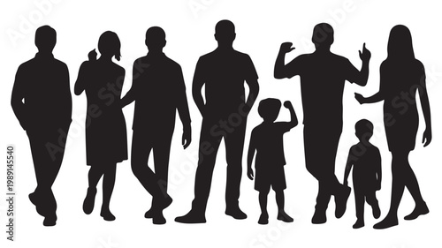 Diverse Family Silhouette Walking Together Isolated On White For Family Concepts