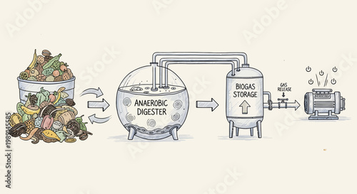 Biogas production process illustration with anaerobic digester and storage tank