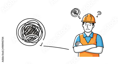 Confused construction worker in a hard hat and safety vest scratches his chin while looking at a tangled line thought bubble.