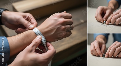 A meticulous craftsman precisely measures a client's wrist for a custom-made bracelet, demonstrating dedication to bespoke jewelry creation.
