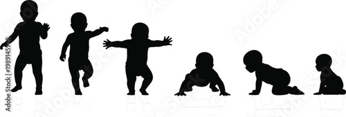 Black Silhouette Baby Movement Progression with Reflections on White Background isolated