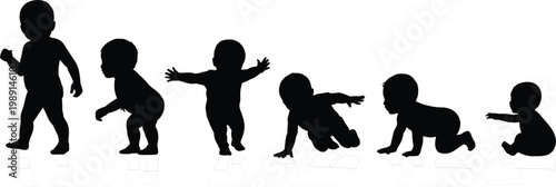 Sequence of baby silhouettes showing development from crawling to standing Keywords: baby, silhouette, child, infant, toddler