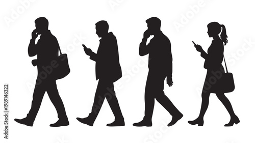 Business People Silhouette Walking with Smartphones, Digital Technology and Modern Communication Concepts on White Background