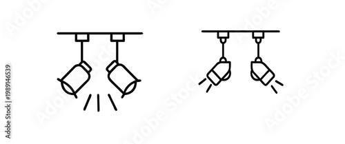 Ceiling spotlight and double studio lamp web line icons set featuring adjustable twin hanging lights for interior gallery and stage lighting Vector Illustration with editable stroke