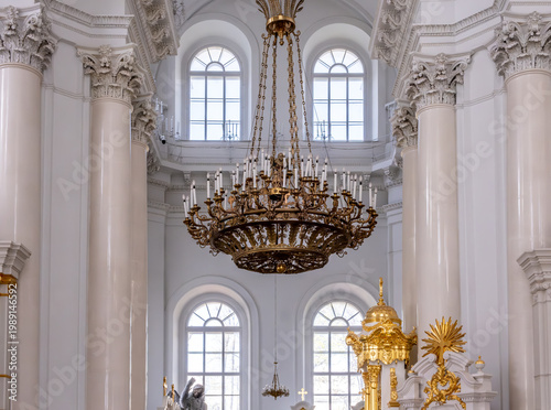 Chandelier on the ceiling in the old cathedral.