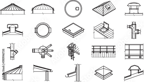 A detailed architectural line art displays a variety of skylights, showcasing their design.