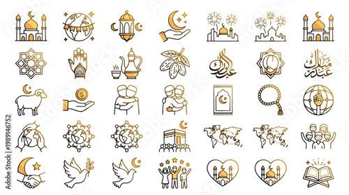 Eid al-Adha icon set in golden linear style. A collection of Islamic festival linear icons, including sheep, mosque, moon, Kaaba, lantern, Hajj, prayer, Quran, and more. Vector graphics.
