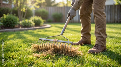 Worker using a rake to remove thatch and dry grass from a healthy backyard lawn in warm sunlight. Concept of lawn care, gardening, yard maintenance, and landscaping.