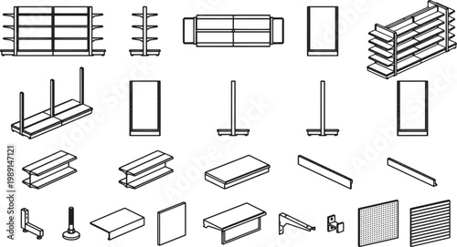 Assortment of retail shelving units elements, a comprehensive display of shelves components, perfect for architectural visualization and design projects. 