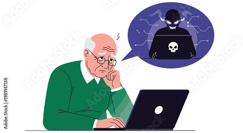 Concerned senior man wearing glasses sitting at a laptop computer while worrying about a malicious hacker or cyber scam.