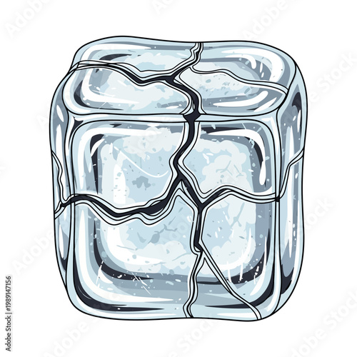 Cracked ice cube, transparent, isolated on white background, refreshing element