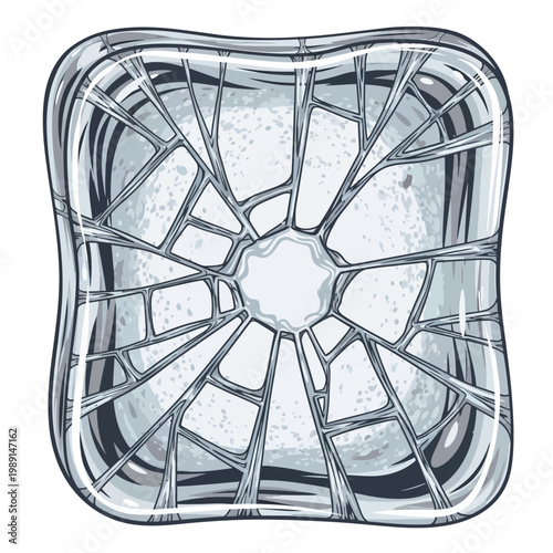 Cracked ice cube with frost, close-up, abstract pattern