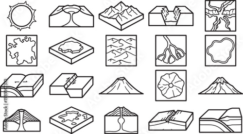 A comprehensive collection of diverse geological landform icons, presented in a crisp, clear, and informative illustration. Each icon meticulously outlines various natural terrains.